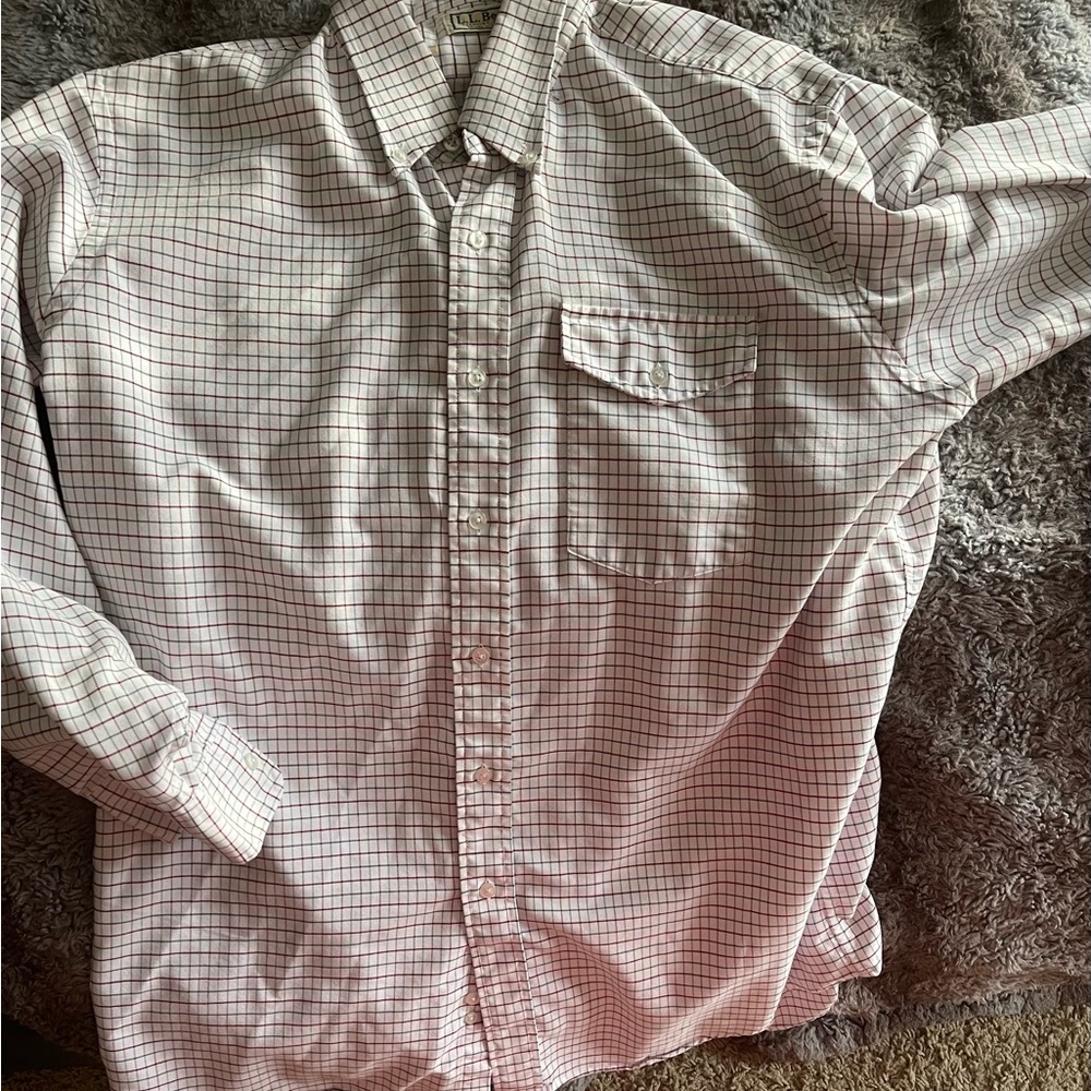 L.L. Bean Men's Casual Button Down Shirt - White with Red and Black Check